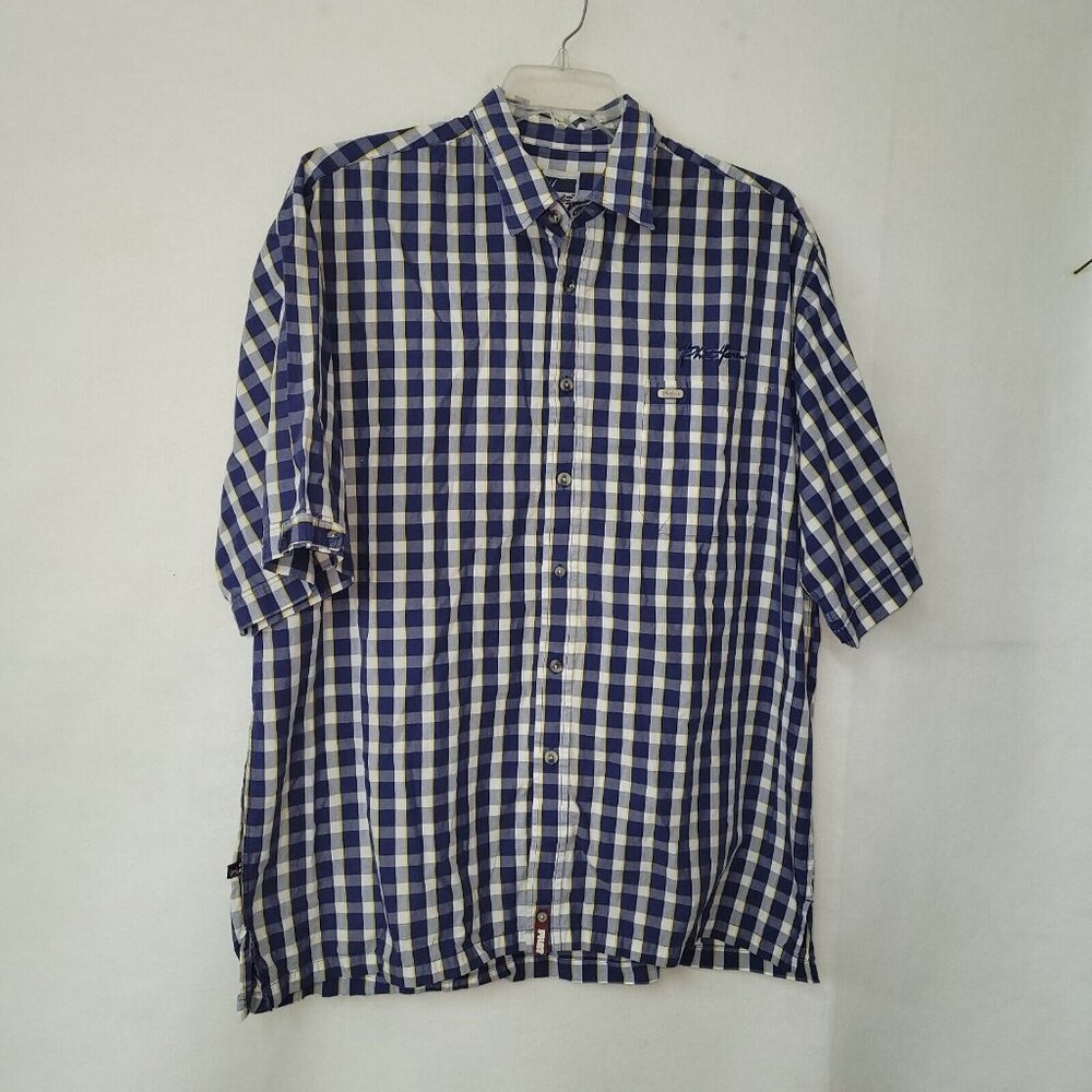 Phat Farm Shirt Men XXL Short Sleeve Plaid Button Up Shirt Blue Yellow White Fla